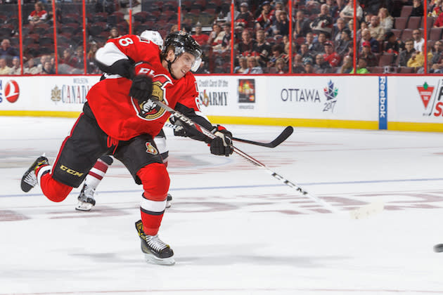 OTTAWA, CANADA - OCTOBER 18: Mike Hoffman #68 of the Ottawa Senators fires a shot against the Arizona Coyotes during an NHL game at Canadian Tire Centre on October 18, 2016 in Ottawa, Ontario, Canada. (Photo by Francois Laplante/FreestylePhoto/Getty Images)