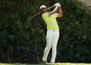 Tony Finau tees off on the seventh hole during the final round of the Genesis Invitational golf tournament at Riviera Country Club, Sunday, Feb. 21, 2021, in the Pacific Palisades area of Los Angeles. (AP Photo/Ryan Kang)