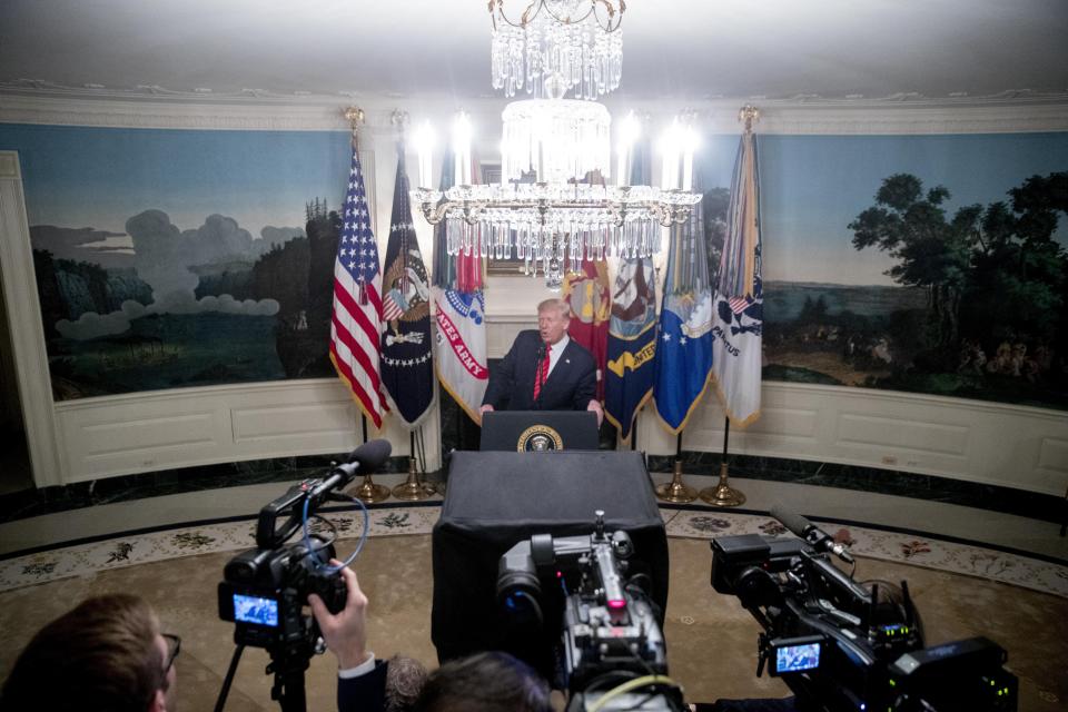 President Donald Trump speaks in the Diplomatic Room of the White House in Washington, Sunday, Oct. 27, 2019, to announce that Islamic State leader Abu Bakr al-Baghdadi has been killed during a US raid in Syria. (AP Photo/Andrew Harnik)