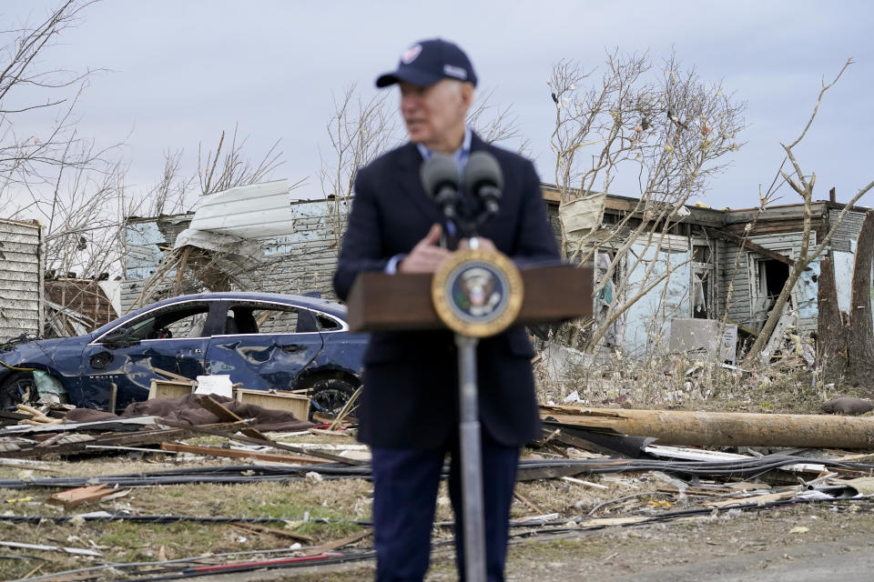 President Joe Biden speaks after surveying storm damage from tornadoes and extreme weather in Dawson Springs, Ky., Wednesday, Dec. 15, 2021. (AP Photo/Andrew Harnik)