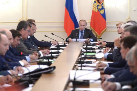 Russia's President Vladimir Putin (C) chairs a government meeting at the Novo-Ogaryovo state residence outside Moscow, July 30, 2014. REUTERS/Alexei Nikolskyi/RIA Novosti/Kremlin