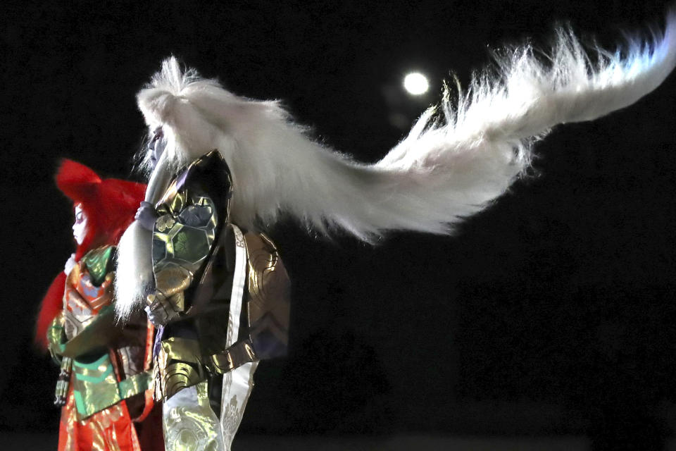 Kabuki dancers perform during the opening ceremony for the Rugby World Cup at Tokyo Stadium in Tokyo, Japan, Friday, Sept. 20, 2019. (AP Photo/Eugene Hoshiko)
