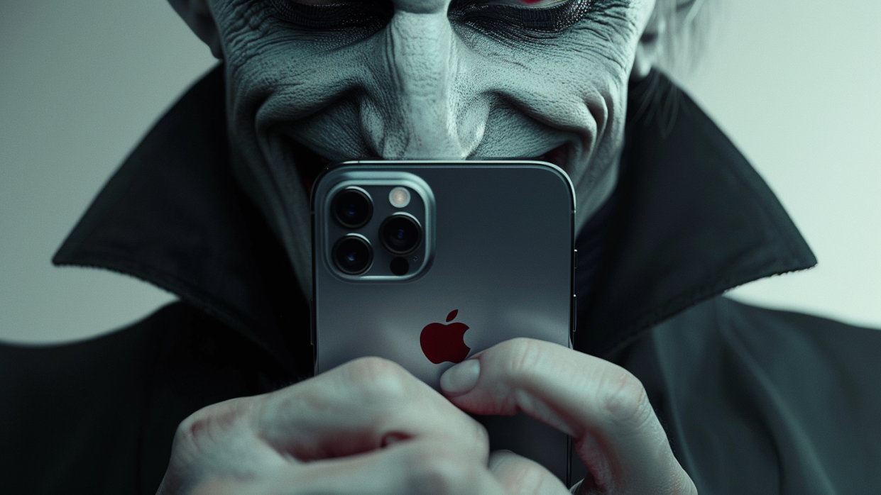  A person that looks like Dracula menacingly holding an iphone. 