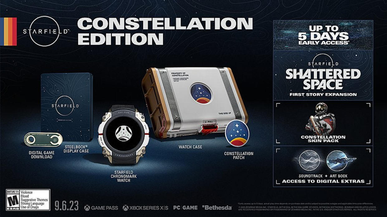  Image shows the contents of the Starfield Constellation Edition game. This includes a digital game download, a black steelbook display case with minimal gray markings, a chunky round Starfield Chronomark watch, a watchcase that is a white, rectangular box with a logo on the front, and a logo Constellation Patch (both logos are round, dark blue with white stars and a yellow, orange, and red strip at the bottom). 