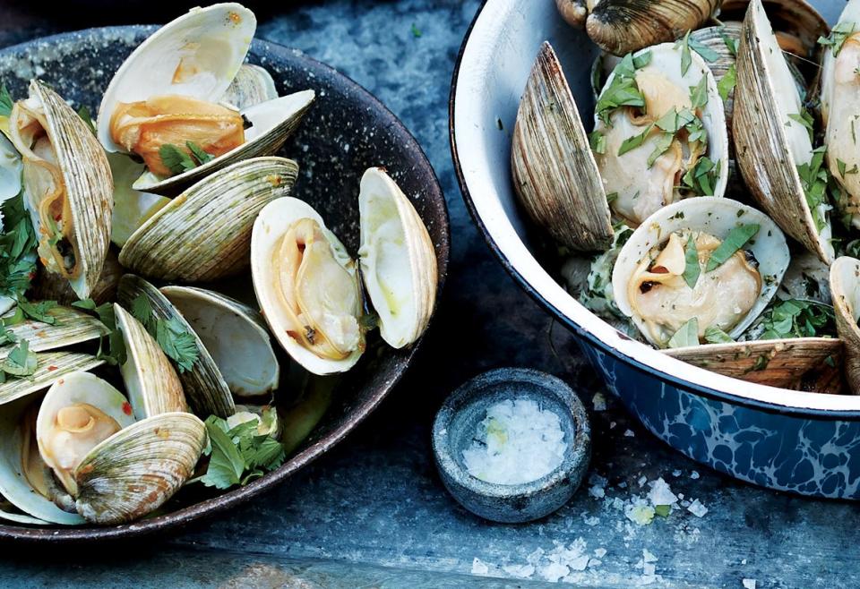 Grilled Clams with Aleppo Pepper, Tumeric, and Lime Butter