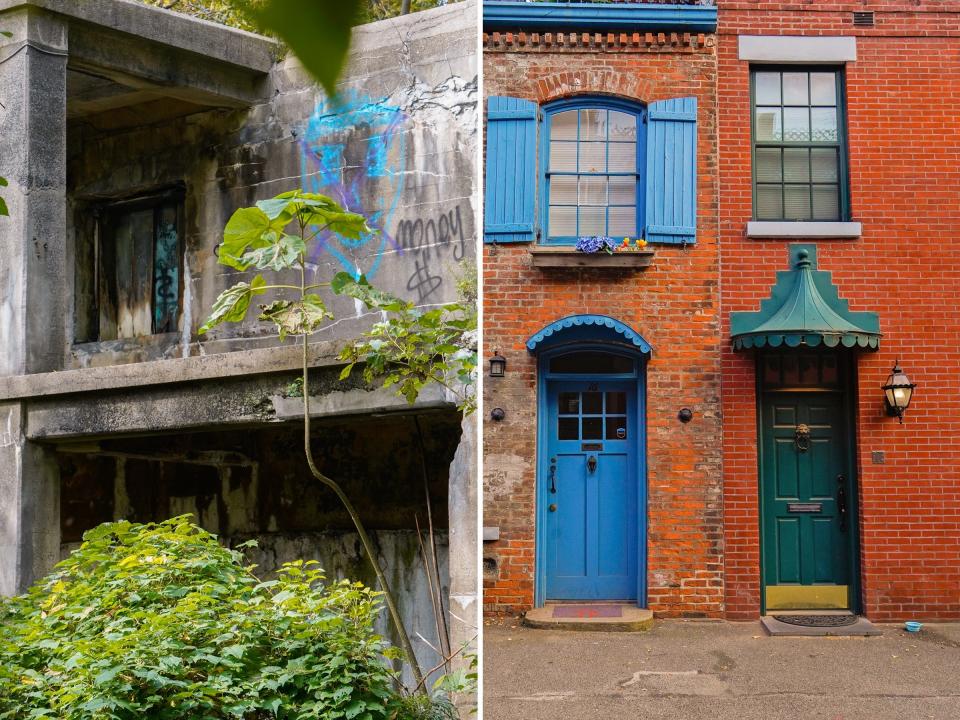 Left, an abandoned fortress with graffiti and greenery growing over it. Right, two red-brick buildings with a blue door and a dark-green door.