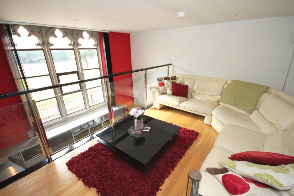 The sitting room in one of the flats in St Georges Church, in Manchester.