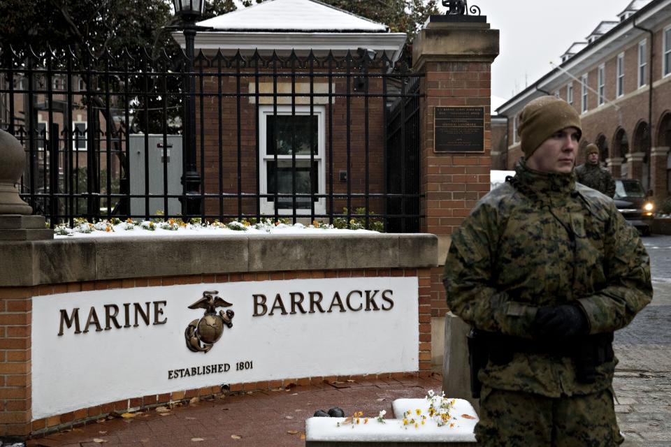 A Marine stands outside the Marine Barracks on Nov. 15, 2018 in Washington, D.C.