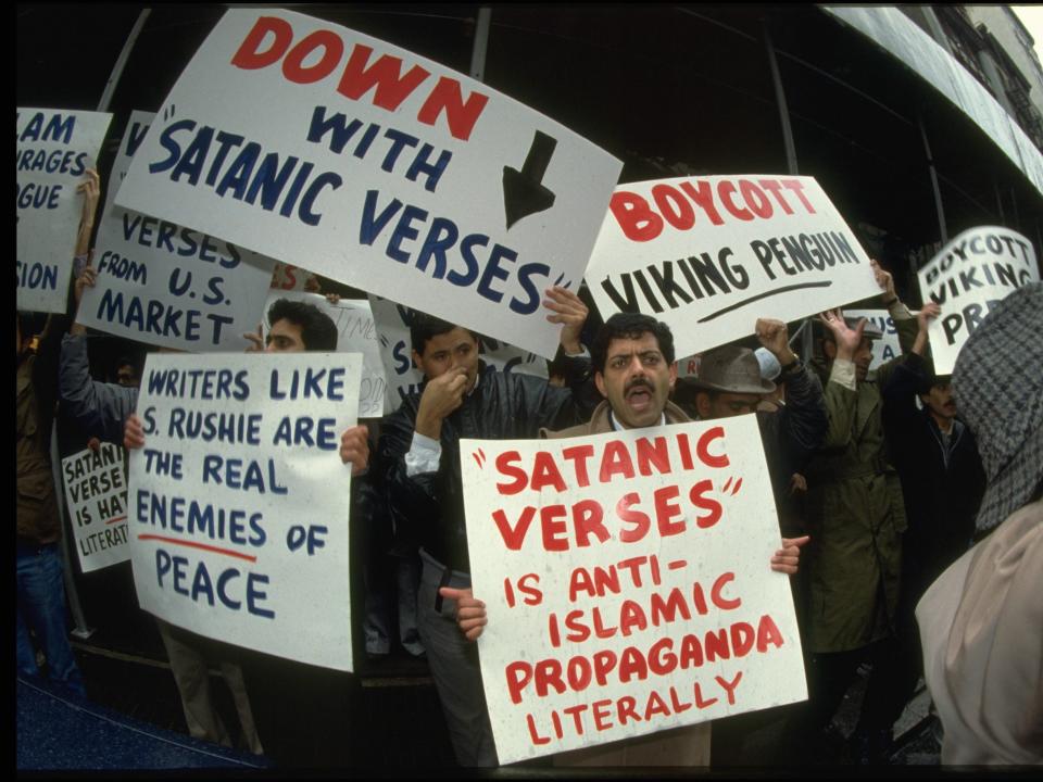 Protestors in NYC against Salman Rushdie's "The Satanic Verses."