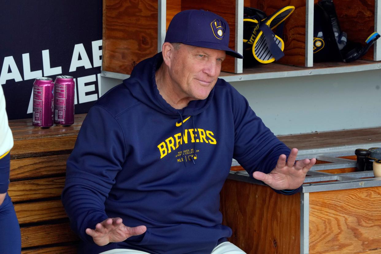 Mar 16, 2024; Phoenix, Arizona, USA; Milwaukee Brewers manager Pat Murphy gets ready for a game against the Texas Rangers at American Family Fields of Phoenix. Mandatory Credit: Rick Scuteri-USA TODAY Sports