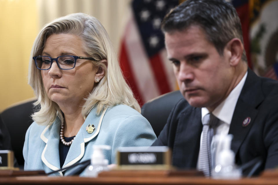 File: Rep. Liz Cheney (R-WY), Vice Chairwoman of the Select Committee to Investigate the January 6th Attack on the U.S. Capitol, and Rep. Adam Kinzinger (R-IL) listen during a hearing on the January 6th investigation on June 13, 2022 in Washington, DC.  / Credit: / Getty Images