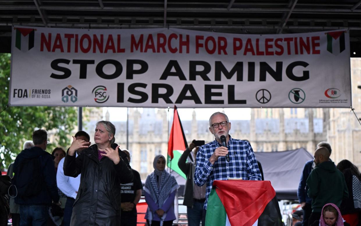 Former Labour Party leader and newly elected MP Jeremy Corbyn addresses protesters during the "National March for Gaza"