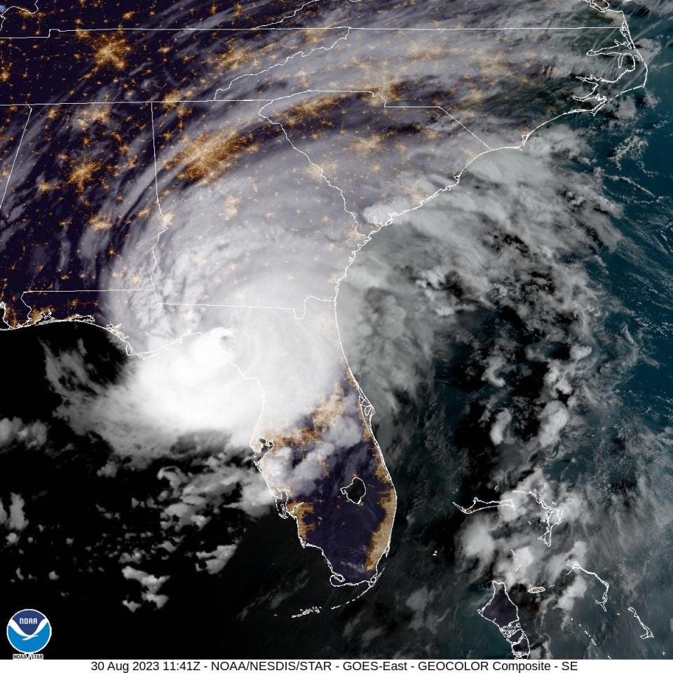 Satellite imagery depicted Hurricane Idalia as it approached the Big Bend region of Florida's Gulf Coast when it was expected to make landfall as a Category 4 storm Wednesday morning, according to the National Hurricane Center in Miami. The eye landed in the Keaton Beach area as a Category 3 storm with 125 mph winds.