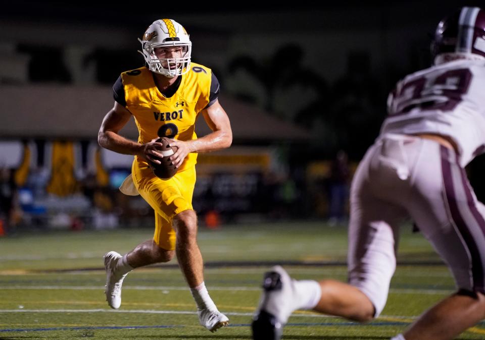 The Bishop Verot Vikings compete against the First Baptist Academy Lions in a game at Bishop Verot High School in Fort Myers on Friday, Sept. 15, 2023. Verot won 49-22.