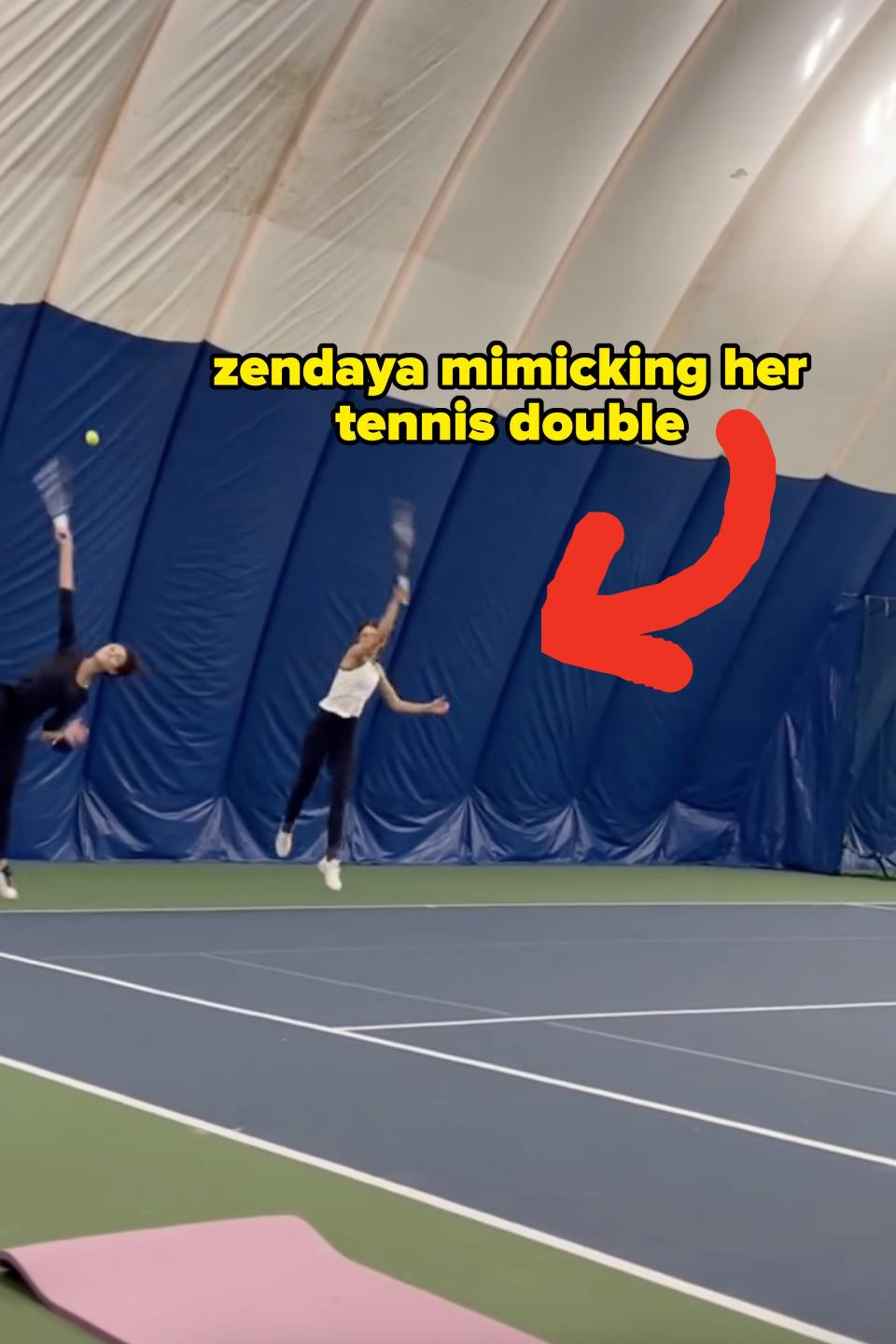 Zendaya mimicking her tennis double on the set of Challengers