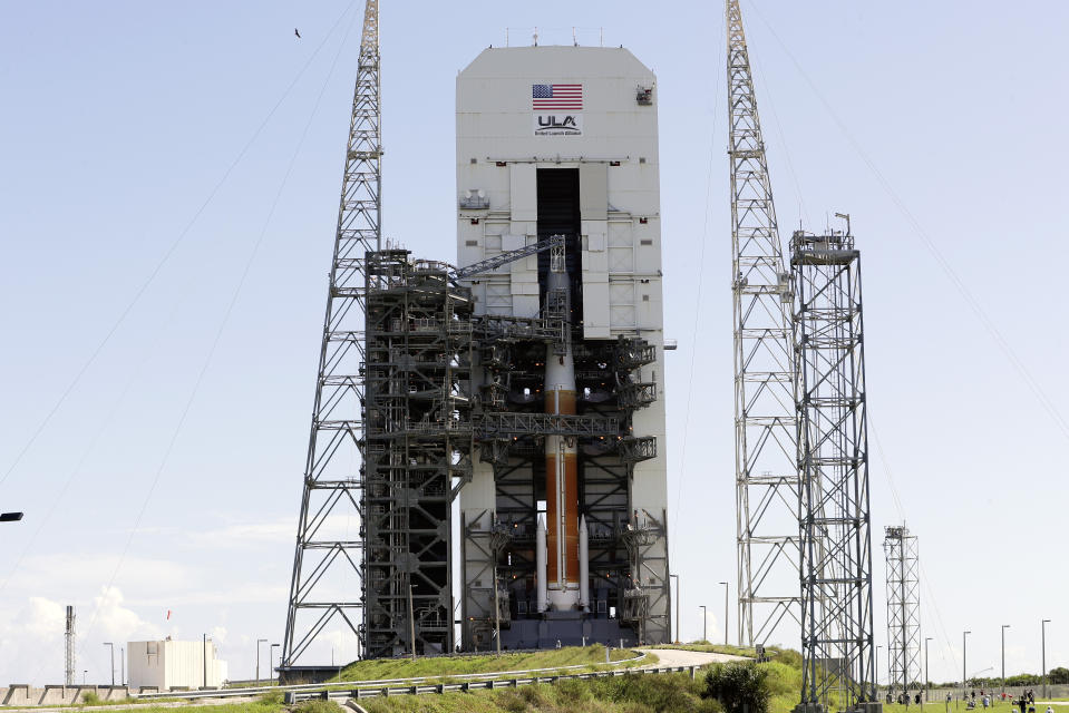 A United Launch Alliance Delta IV rocket stands ready with a payload of the second Global Positioning System III on space launch complex 37 at the Cape Canaveral Air Force Station, Wednesday, Aug. 21, 2019, in Cape Canaveral, Fla. The launch is scheduled for Thursday morning. (AP Photo/John Raoux)