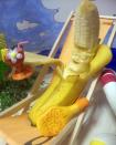 A banana chills out in a deck chair. The sunbathing banana is part of a new series of bananas which has recently been unveiled by Japan- born Keisuke Yamada.