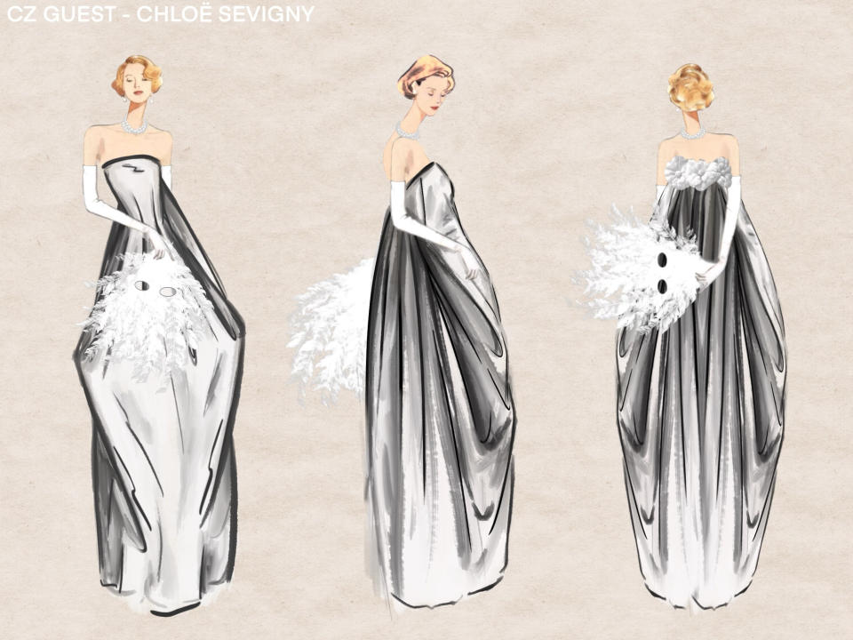 This image released by FX shows a sketch of a costume by designer Zac Posen used for the series “Feud: Capote vs. The Swans." (Zac Posen/FX via AP)