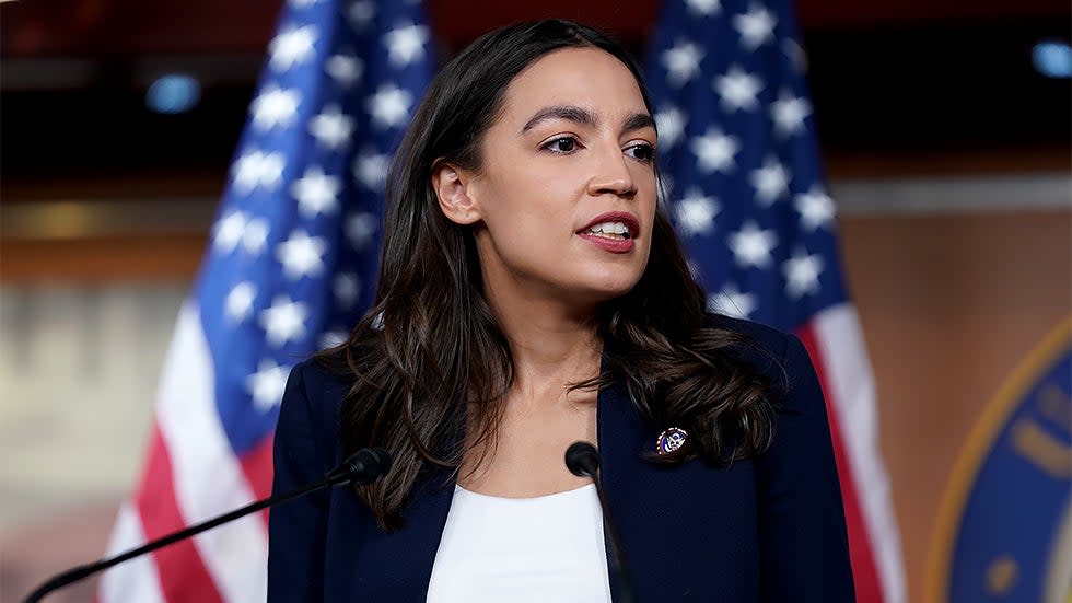 Rep. Alexandria Ocasio-Cortez (D-N.Y.) addresses reporters during a press conference on Wednesday, December 8, 2021 about a resolution condemning Rep. Lauren Boebert's (R-Colo.) use of Islamaphobic rhetoric and removing her from her current committees.