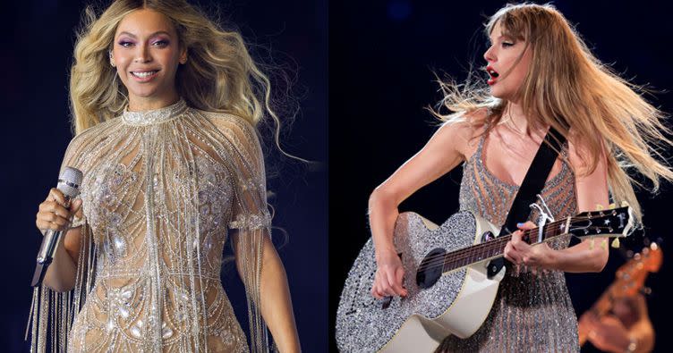 A diptych of Beyonce on stage during her Renaissance tour on the left with Taylor Swift during her Eras tour on the right.