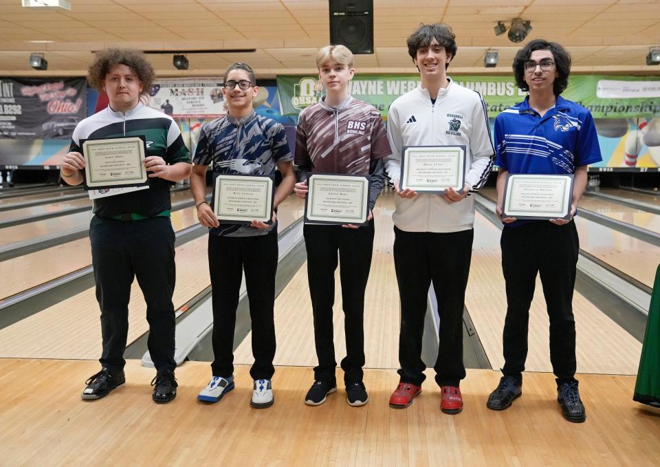 March 11, 2023; Columbus, Ohio, USA; Bowlers named to the Runner-Up All-Ohio team during the OHSAA Division I boys state bowling tournament were (l-r): Aiden Hunt of Mason, Matt Collins of Kettering Fairmont, Austin Rule of Boardman, Bryce Lewin of Nordonia and Nicholas Bremer of Hilliard Davidson. Mandatory Credit: Barbara J. Perenic/Columbus Dispatch