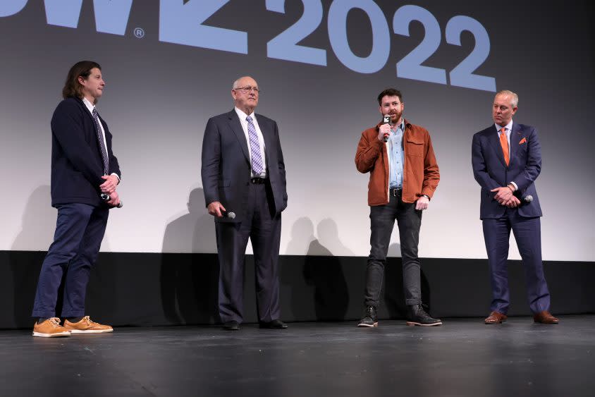 (L-R) Producer Russell Wayne Groves, documentary subject Nolan Ryan, director Bradley Jackson, and documentary subject Reid Ryan at the SXSW Film Festival in Austin, Texas, March 12, 2022 - Credit: Photo by Michael Loccisano/Getty Images for SXSW