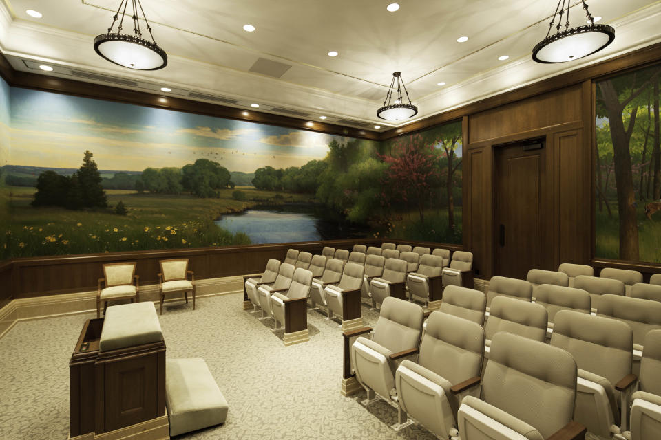 This undated photo released by The Church of Jesus Christ of Latter-day Saints shows an ordinance room at the new multimillion-dollar Mormon temple in Kansas City, Mo. The temple will largely serve about 25,000 members in the Kansas City area and about 100,000 members in Kansas and Missouri. The only other Mormon temple in Missouri is in St. Louis. (AP Photo/The Church of Jesus Christ of Latter-day Saints)