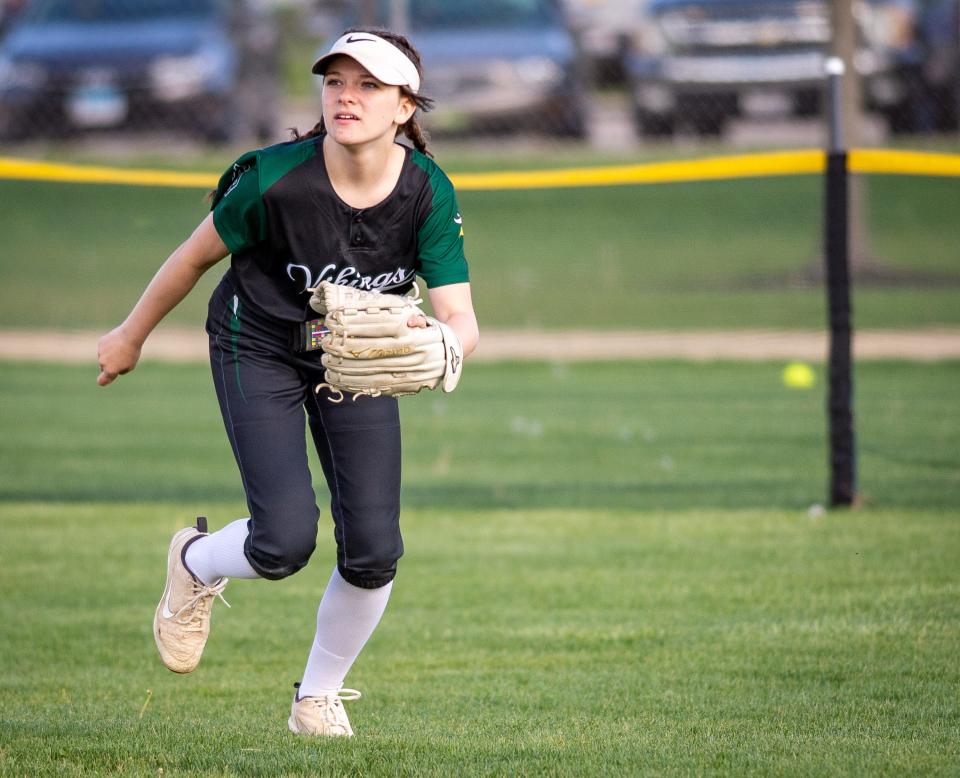 Sydney Goodman plays left field during North Boone's game against Stillman Valley on Thursday, May 6, 2021. She and her two sisters have helped North Boone finish near the top of the Big Northern Conference