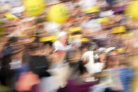 Pope Francis arrives in St. Peter's Square at the Vatican for the participants into the World Meeting of Families in Rome, Saturday, June 25, 2022. The World Meeting of Families was created by Pope John Paul II in 1994 and celebrated every three years since then in different cities. (AP Photo/Andrew Medichini)