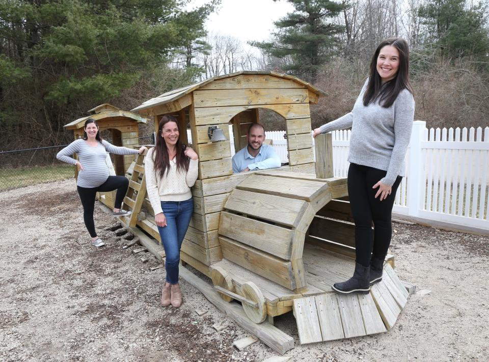 Smart Start Academy owners Zack and Stephanie Blauvelt, who is at front of train, are working with program director Renee O'Brien, in back, and Executive Director Jamie Baxter, to Zack's right, as they open the new center Monday, April 1, 2024 in Dover.