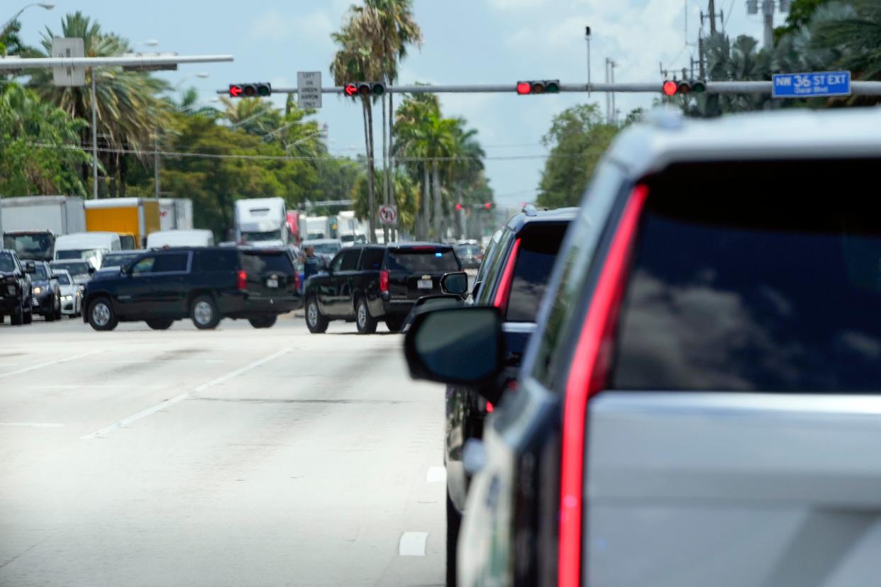 The motorcade for former President Donald Trump leaves Trump National Doral resort on Tuesday, June 13, 2023, in Doral Fla. (AP Photo/Alex Brandon) ORG XMIT: FLAB401