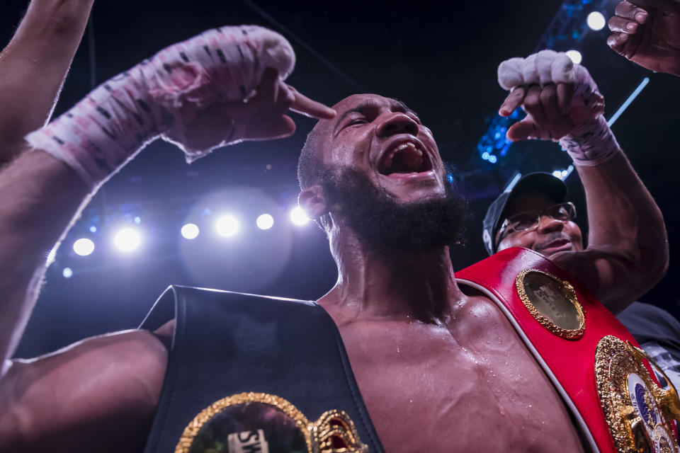 FAIRFAX, VA - MAY 10: Julian Williams celebrates after beating Jarrett Hurd in their IBF, WBA, and IBO world super welterweight championship bout at EagleBank Arena on May 11, 2019 in Fairfax, Virginia. (Photo by Scott Taetsch/Getty Images)