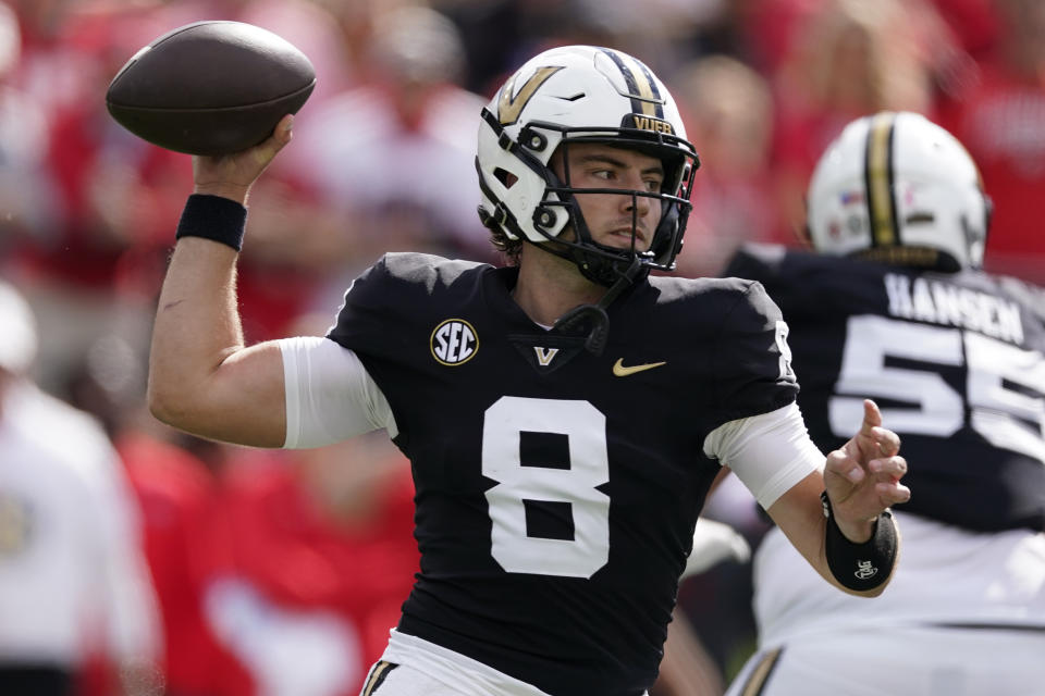 Vanderbilt quarterback Ken Seals (8) looks to throw a pass against Georgia in the first half of an NCAA college football game Saturday, Oct. 14, 2023, in Nashville, Tenn. (AP Photo/George Walker IV)