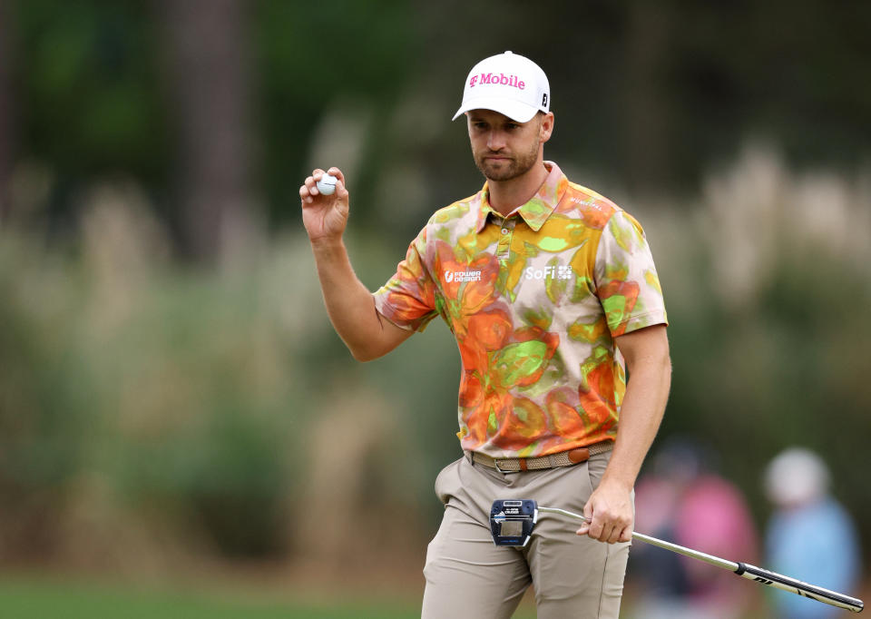 AUGUSTA, GEORGIA - APRIL 09: Wyndham Clark of the United States reacts on the third green during a practice round prior to the 2024 Masters Tournament at Augusta National Golf Club on April 09, 2024 in Augusta, Georgia. (Photo by Warren Little/Getty Images)