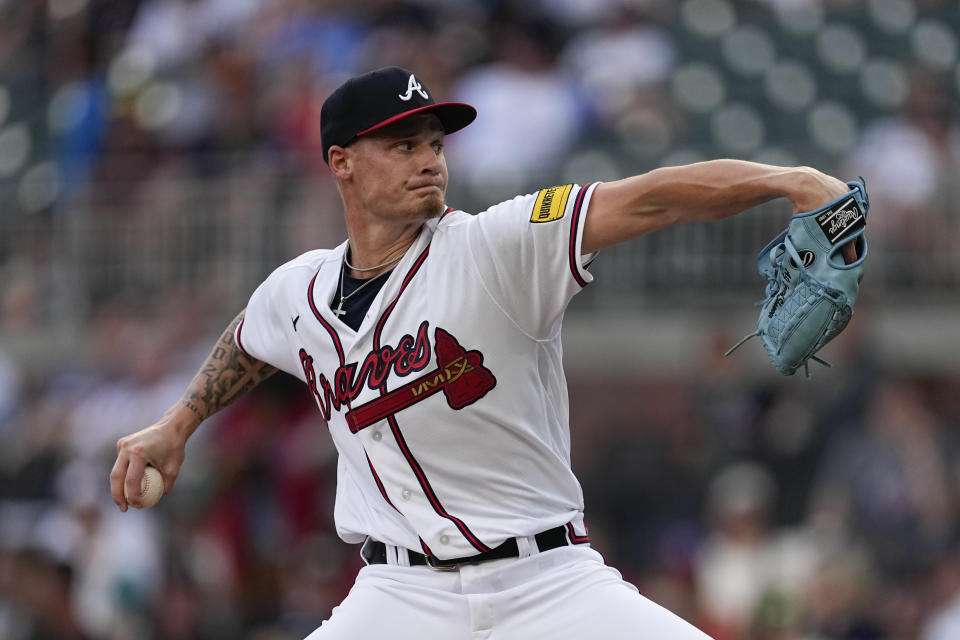 Atlanta Braves starting pitcher AJ Smith-Shawver delivers during the first inning of the team's baseball game against the Colorado Rockies, Thursday, June 15, 2023, in Atlanta. (AP Photo/John Bazemore)