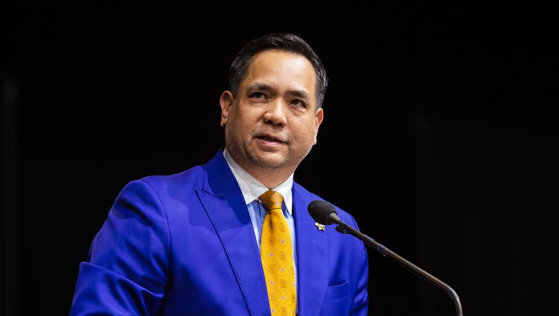 Utah Attorney General Sean Reyes speaks during the Utah Republican Party Organizing Convention at Utah Valley University in Orem on April 22, 2023.