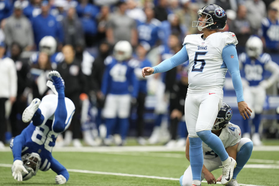 Tennessee Titans place-kicker Nick Folk (6) watches his 34-yard field goal against the Indianapolis Colts during the second half of an NFL football game, Sunday, Oct. 8, 2023, in Indianapolis. (AP Photo/Michael Conroy)