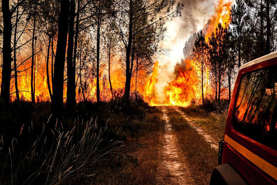 This photo provided Friday July 15, 2022 by the fire brigade of the Gironde region (SDIS 33) shows a wildfire near Landiras, southwestern France, Thursday, July 14, 2022. Several hundred firefighters struggled Friday to contain two wildfires in the Bordeaux region of southwest France that have forced the evacuation of 10,000 people and ravaged more than 7,000 hectares of land. High temperatures and strong winds have complicated firefighting efforts in the region, one of several around Europe scorched by wildfires this season. (SDIS 33 via AP)