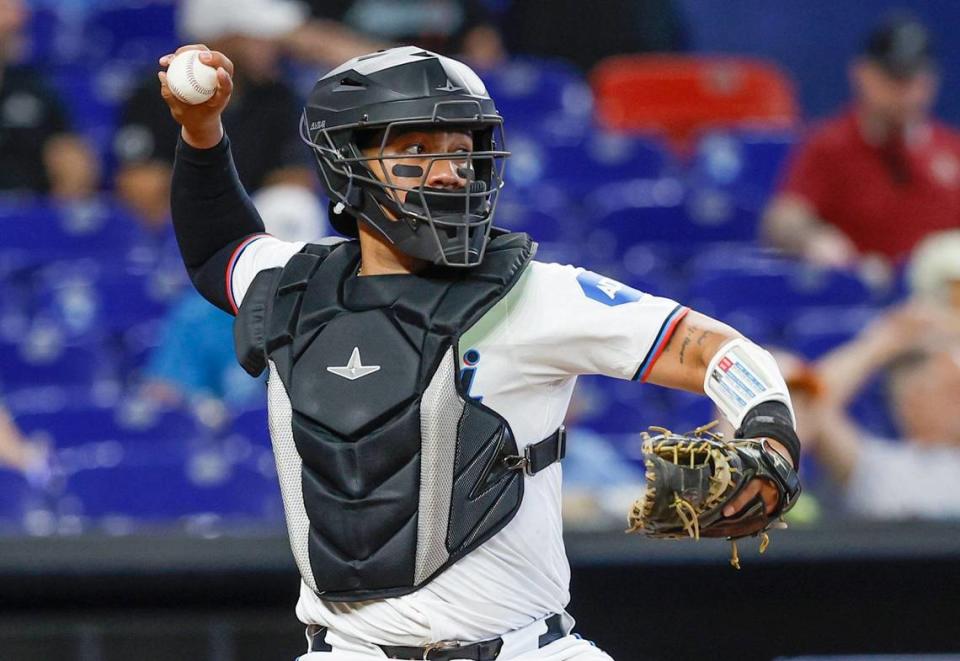Miami Marlins catcher Jhonny Pereda (89) makes his Major League debut today against the San Francisco Giants at loanDepot park, Miami, Florida on Wednesday, April 17, 2024.