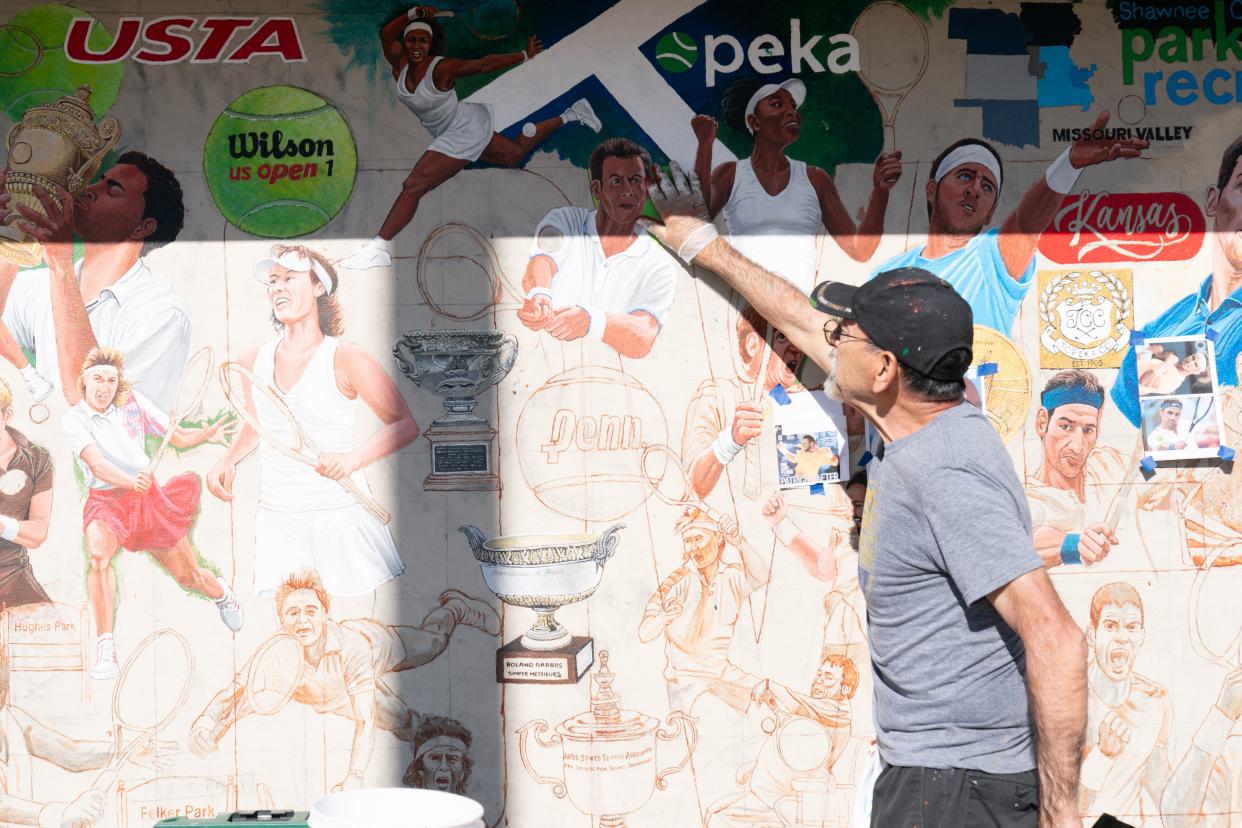 Tennis players from Kansas, including Jack Sock and Nick Taylor, are featured among tennis greats like Novak Djokovic and Serena Williams in Andy Valdivia's newest mural at Kossover Tennis Center.