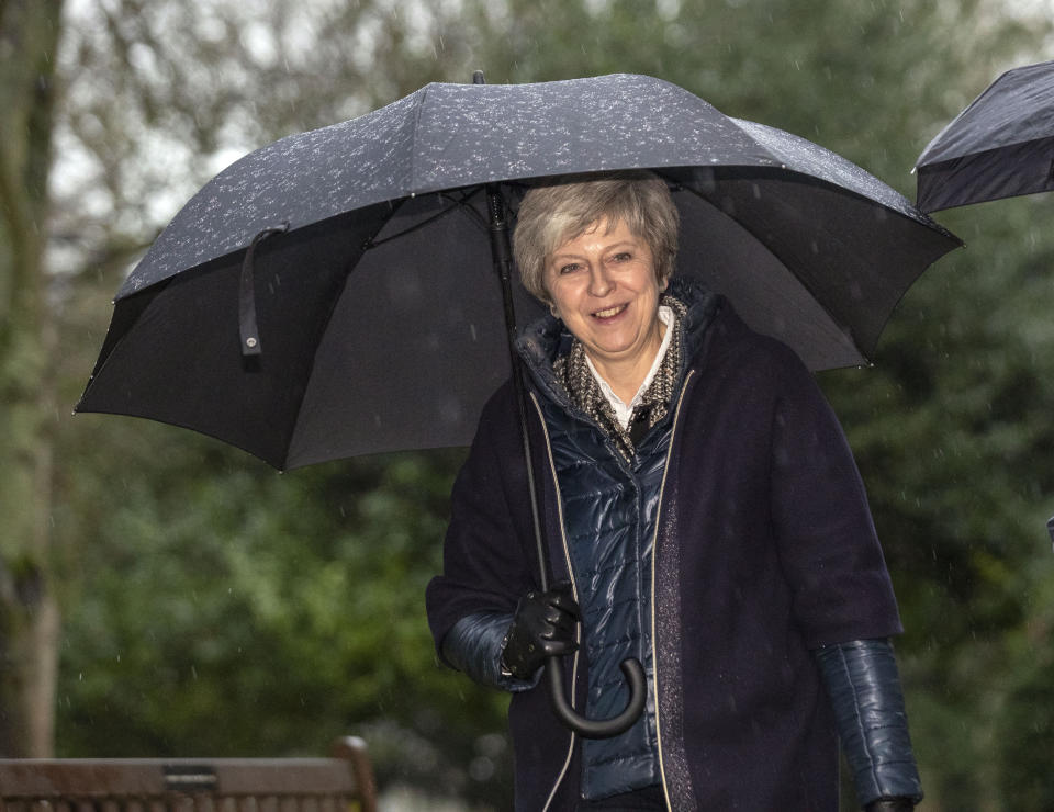 Theresa May leaves church in her Maidenhead constituency on Sunday ahead of a crucial week for Brexit. (PA)