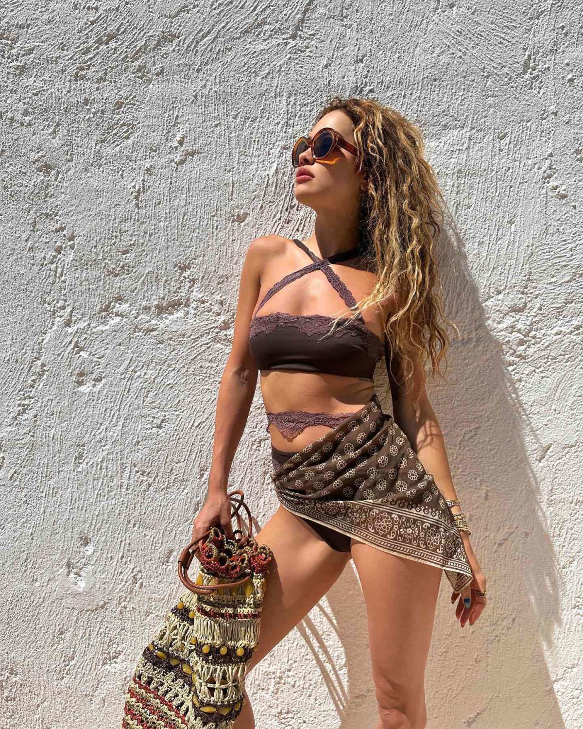 Rita Ora Paired Her Lacy Bikini With a Bandana Worn as a Sarong