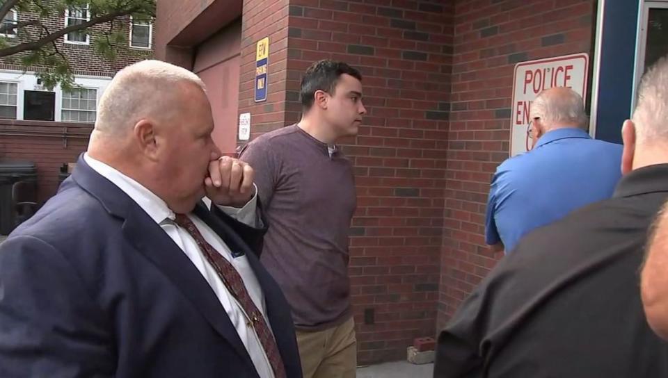 PHOTO: Philadelphia police officer Mark Dial, center, surrenders to police in the wake of the shooting death of Eddie Irizarry Jr. Dial is accused of shooting the man in his car on Aug. 14, 2023. (WPVI)