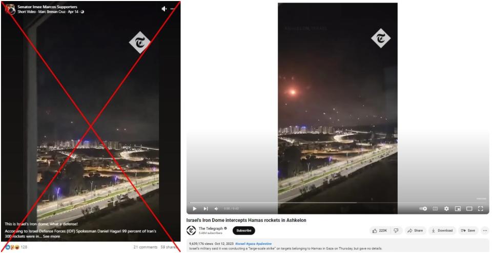 <span>Screenshot comparison of the false post (left) and video published by The Telegraph in October 2023 (right)</span>