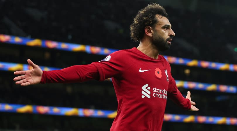  Mohamed Salah celebrates after scoring for Liverpool against Tottenham. 