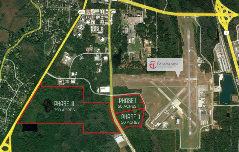 This map depicts the three future development phases of Space Coast Innovation Park adjacent to Space Coast Regional Airport in Titusville.