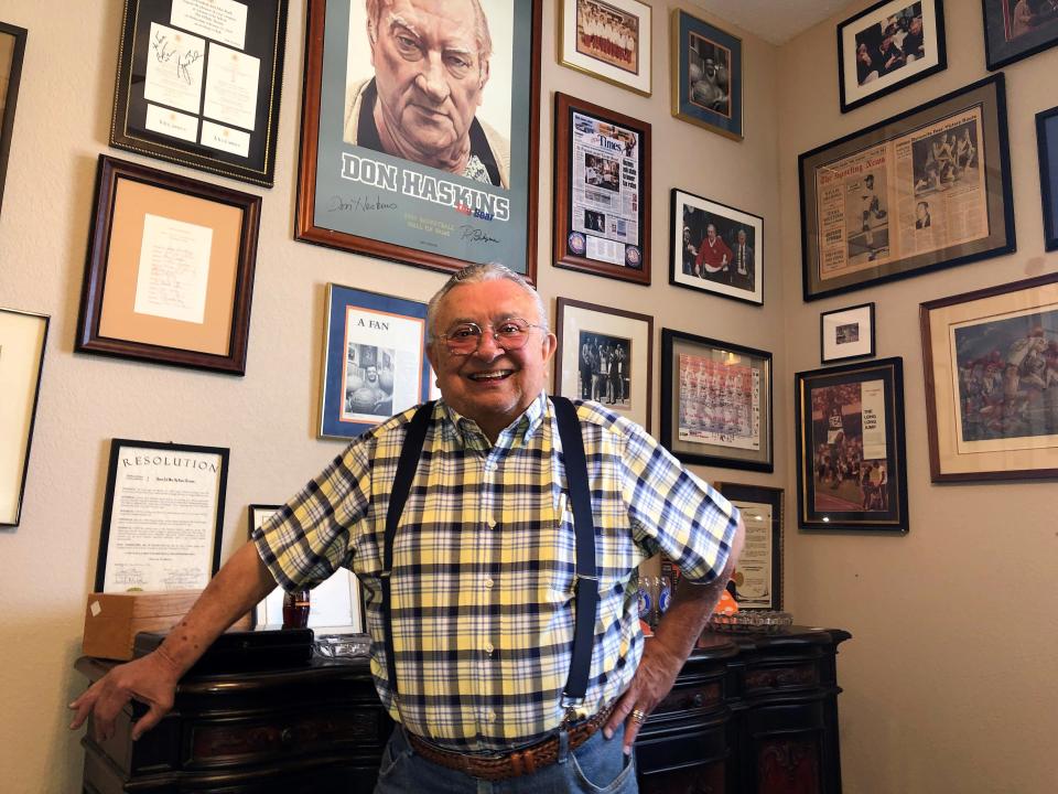 Joe Gomez, in a room in his Upper Valley home, where he has memorabilia tied to the historic  1966 Texas Western College NCAA men's basketball championship team. He is selling the memorabilia this weekend as part of his estate sale.
