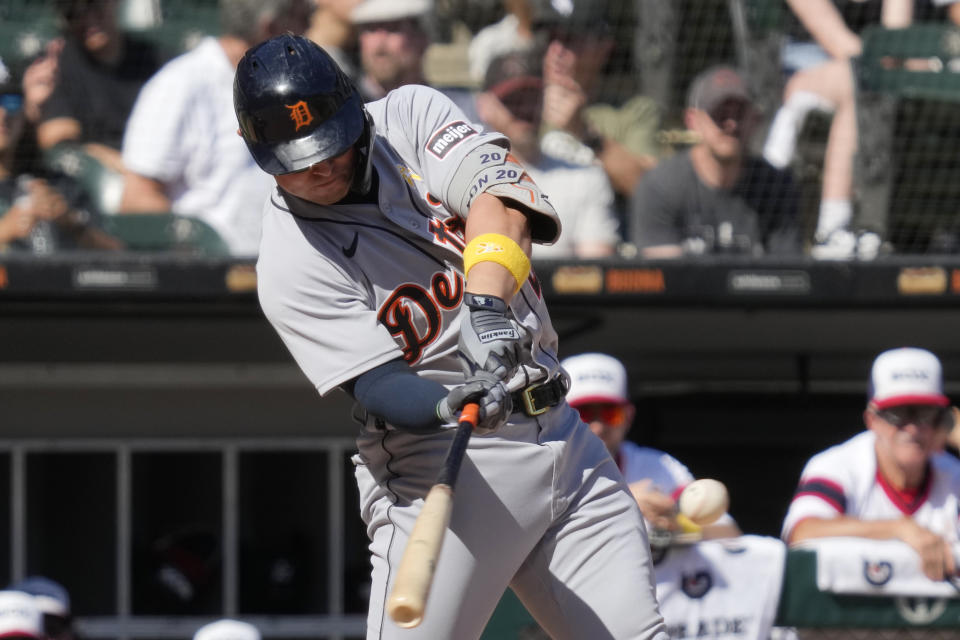 Detroit Tigers' Spencer Torkelson hits a solo home run during the seventh inning of a baseball game against the Chicago White Sox in Chicago, Sunday, Sept. 3, 2023. (AP Photo/Nam Y. Huh)