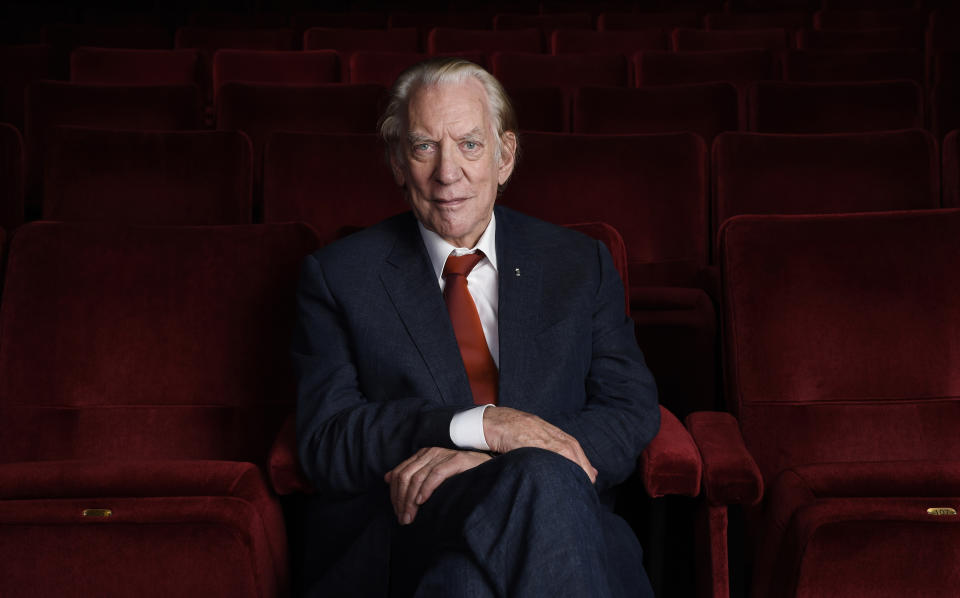 FILE - Actor Donald Sutherland appears at the Academy of Motion Picture Arts and Sciences in Beverly Hills, Calif., on Oct. 13, 2017. Sutherland, the towering Canadian actor whose career spanned "M.A.S.H." to "The Hunger Games," has died at 88. (Photo by Chris Pizzello/Invision/AP, File)