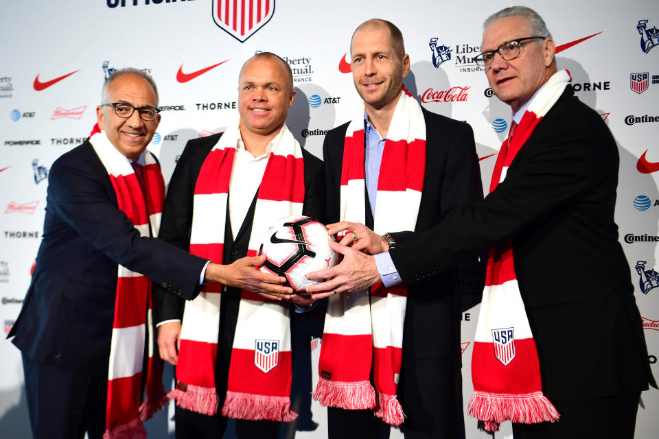 Carlos Cordeiro (left) and Earnie Stewart (second from left) spoke during and after Friday's U.S. Soccer board meeting. Jay Berhalter, brother of Gregg Berhalter (second from right), was once considered a top candidate to replace Dan Flynn (right) as CEO. (Sarah Stier/Getty Images)